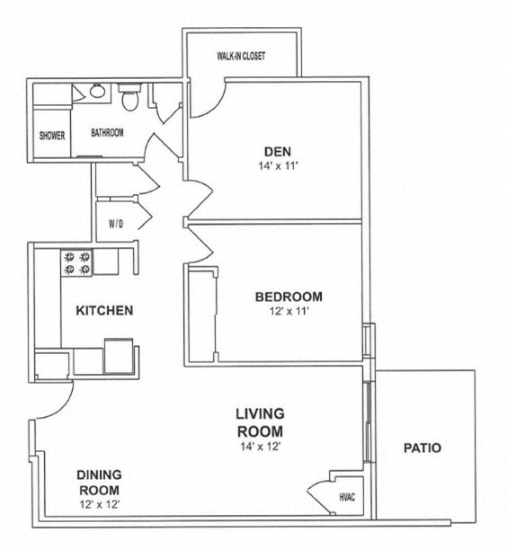 Floor plan for 1 bed, 1 bath, 917 sqft
